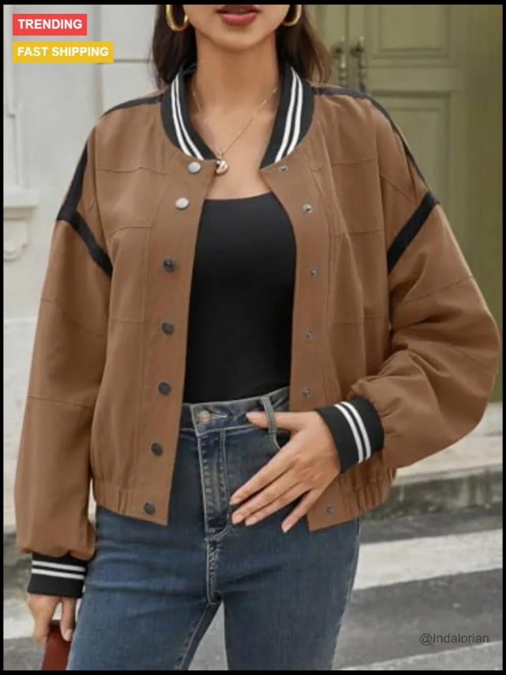 Cropped Bomber Jacket with Button Front and Side Pockets - Picture 3 of 6